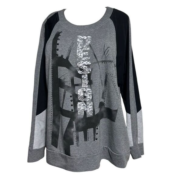 Darkwin Long Sleeve Top Womens XL Gray Black Colorblock Studded Graphic Pullover - Picture 1 of 11